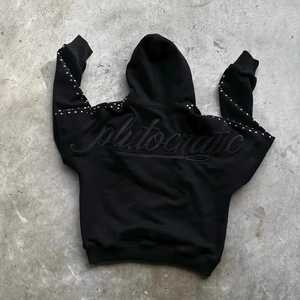 Gothic Men's Black Rhinestone Stud Trimmed Zip Hoodie- Heavyweight Sweatshirt with Cursive Letter Embroidery & Pockets - Product Image 5