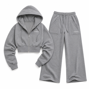 Brand Customization Grey Panel Cropped <b>Zip</b> <b>Hoodies</b> Full Zipper Women's Tracksuit Heavy Fleece Utility <b>Pocket</b> Wide Jogging Outfit - Product Image 4