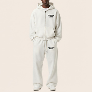 Ensemble survêtement homme personnalisé avec logo, sweat à capuche oversize et pantalon de jogging, 100% coton molletonné, fermeture éclair, couleur unie, tenue décontractée pour l'automne et prix bas - Product Image 1