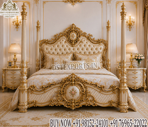 Lit à baldaquin à quatre poteaux de style victorien noir et or, ensemble de chambre à coucher baroque royal noir et or, chambre à coucher antique en cuir capitonné sculpté, USA - Product Image 3
