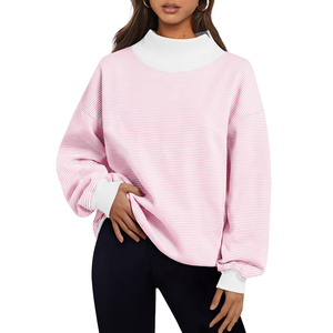 Sudadera Oversize de Cuello Alto a Rayas Rosa y Blanco para Mujer, Jersey de Manga Larga a Rayas con Logo Personalizado, Top de Felpa Tejida para Otoño - Product Image 1