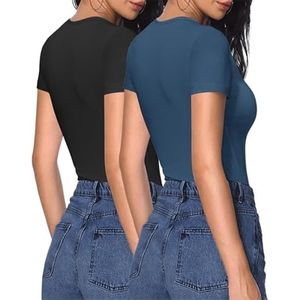 Camiseta de cuello redondo para mujer, ajustada, de punto elástico suave, para uso diario informal, ropa femenina lisa al por mayor - Product Image 3