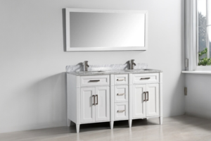 Mueble de Baño Moderno de Madera Contrachapada y Mármol, 60 Pulgadas, Color Blanco, con Espejo y Cajones de Cierre Suave para Villa - Product Image 2