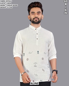 Kurta de Lino Blanco para Hombre, Corte Regular, Estilo Casual, Línea A, con Bordado, Estilo India Pakistán, Tallas M, L, XL, 2XL - Product Image 5