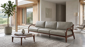 Sofá de Tres Plazas MT Furniture, Estilo Moderno de Mediados de Siglo, Tapizado en Cuero PU, Relleno de Espuma, Respaldo Firme, Brazos Curvos, Madera de Roble Sólido, para Sala de Estar - Product Image 1