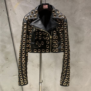 Chaqueta de Cuero de Alta Calidad, Chaqueta de Cuero Genuino Negra con Remaches Circulares, Estilo Biker - Product Image 1
