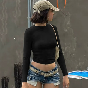 Camiseta Deportiva Básica de Color Sólido con Cintura Elástica para Mujer, Top Corto que Combina con Todo - Product Image 5