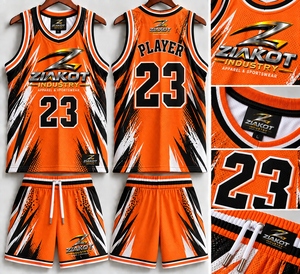Venta al Por Mayor Directa de Fábrica ZIAKOT INDUSTRY, Jersey de Baloncesto Personalizado con Cuello Redondo, Color Naranja, Negro y Blanco, Tejido de Canalé - Product Image 1