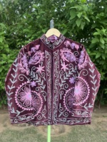 Veste d'hiver en velours tricoté brodé pour femme, faite à la main, motif floral vintage bohème, doublure en coton écologique, collection automne