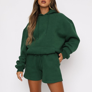 Conjunto de sudadera con capucha verde liso para mujer, informal, de algodón tejido, felpa francesa, para verano, conjuntos de sudaderas con capucha y sudaderas para hombre - Product Image 1