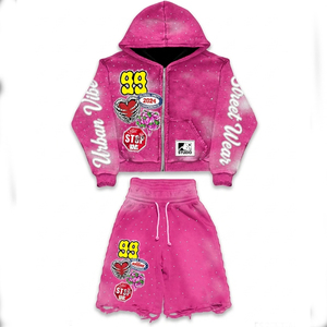 Premium GSM Cotton Fleece Acid Wash Hoodie <b>Short</b> Set Chenille <b>Patch</b> Puff Print Hoodie <b>Short</b> Set <b>men's</b> - Product Image 6