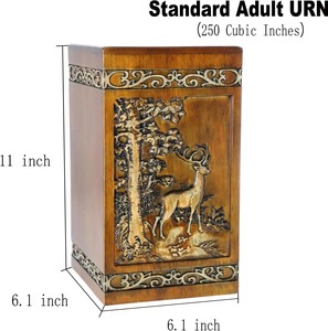 Carved Deer And Forest Wooden Cremation Urn For Human Ashes Memorial <b>Keepsake</b> With Velvet Bag - Product Image 3