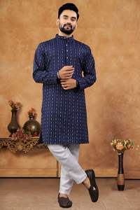Vêtements traditionnels indiens pour hommes, Kurta long en coton jacquard Merath avec pyjama entièrement cousu pour mariage et Diwali, sans plis - Product Image 2