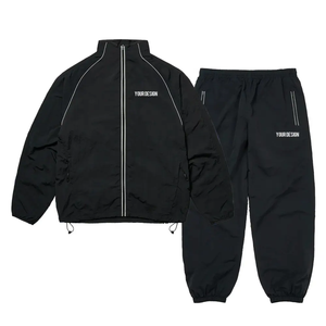 Ensemble de survêtement unisexe noir, veste coupe-vent à fermeture éclair intégrale, pantalon de jogging, 100% polyester, vêtements d'automne, coupe régulière, poches latérales - Product Image 1