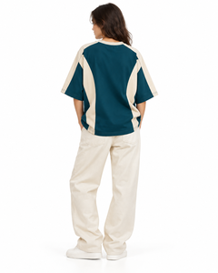 Custom Wholesale 240 GSM 100% Cotton Color Block <b>T</b>-<b>Shirt</b> Teal <b>Cream</b> Contrast Panel Boxy Oversized Tee Center Logo Unisex - Product Image 5