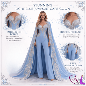 Elegante Vestido Tipo Capa Azul Cielo Bordado con Mono |   Vestido de noche de lujo con cuello corazón para mujer, ideal para eventos de gala. - Product Image 5