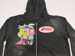 Sweat à capuche zippé pour homme, coupe ample, en molleton épais, style vintage, délavé soleil et à l'acide, avec broderie de patch et strass, logo personnalisé - Product Image 3