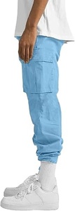 Men's <b>Light</b> Blue Cargo Pants Elastic Waist Drawstring Multiple Pockets Casual Loose Fit Lightweight Cotton <b>Trousers</b> Summer Wear - Product Image 4