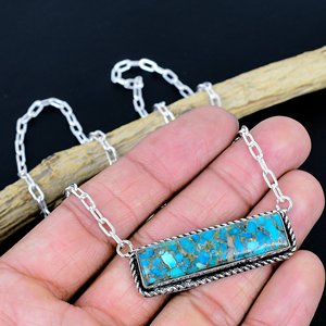Collier barre artisanal en turquoise bleue naturelle à 100 %, plaqué argent 925, création de designer - Product Image 2