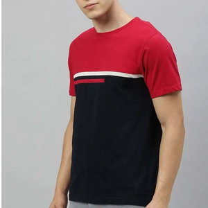 T-shirt Homme Rouge et Bleu Marine à Blocs de Couleurs avec Bande Latérale sur la Poitrine, Conception OEM Personnalisée, Vêtement de Sport Décontracté, T-shirt Athlétique Respirant pour l'Été - Product Image 2