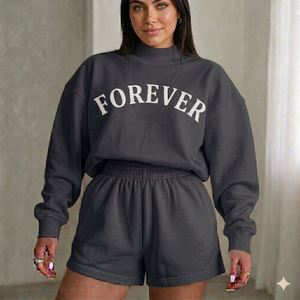 Ensemble court oversize à col montant pour femme, style streetwear tendance, deux pièces, coupe décontractée, tenue décontractée pour la détente - Product Image 1