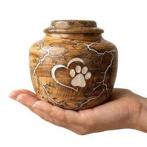 Handcrafted Wooden Cremation Urn For <b>Pet</b> <b>Ashes</b> Mango Wood Memorial <b>Keepsake</b> With Heart Paw Inlay And Fractal Resin Design - Product Image 1