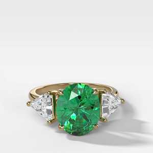 Three Stone Ring Prong Set Oval <b>Simulated</b> Emerald Trillion Moissanite Side <b>Diamond</b> Engagement Rings Wholesale 14K 18K Solid Gold - Product Image 1