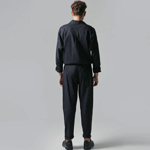 Customized Logo Printed Men's Dark Blue Long Sleeve Coveralls <b>With</b> Chest <b>Pockets</b> And Drawstring Waistband - Product Image 4