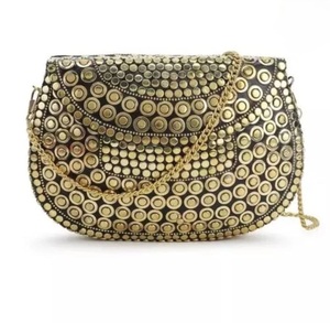 Gold-Plated Brass Clutch <b>Bag</b> With Circular <b>Stud</b> Design Fashion Handbag - Product Image 1
