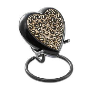 Wholesale Black Handcrafted Heart Shaped Mini Urn Brass <b>Keepsake</b> Memorial <b>Ash</b> Urn with Metal Stand - Product Image 1