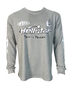 Custom Grey Streetwear Long Sleeve T <b>Shirts</b> Oversized <b>Flame</b> Graphic Print Vintage Wash Heavyweight Cotton Men Vintage Hip Hop - Product Image 1