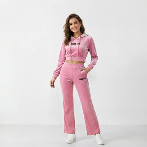 Stylish Winter Women's Hooded Solid <b>Velvet</b> 2-Piece Sweating <b>Tracksuits</b> Versatile Full Set Short Sleeves 100% Polyester - Product Image 4