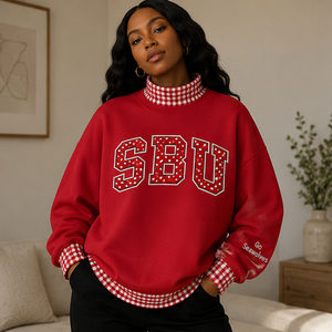 Sweat-shirt en molleton épais de haute qualité, personnalisé avec texte brodé, col à motif écossais contrastant rouge vif - Product Image 1