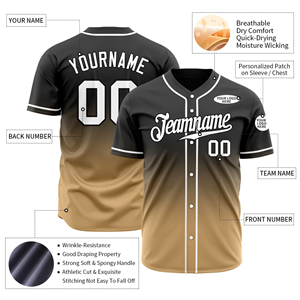 Maillots de baseball haut de gamme avec chemises en mesh de qualité supérieure et maillots à col en V, manches courtes boutonnées sur le devant, noir et or - Product Image 3