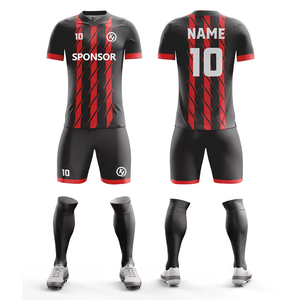 Conjunto de Uniforme de Fútbol Sublimado Personalizado de Primera Calidad para Hombre, Negro con Rayas Azules, Cuello en V, Manga Corta, Absorbe la Humedad, para Adultos, Todas las Temporadas - Product Image 1