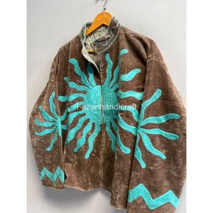 Embroidered <b>Velvet</b> <b>Jacket</b> With Turquoise Geometric Pattern Stand Collar Full Sleeve Autumn <b>Women's</b> Wear - Product Image 2