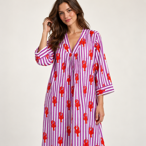 Robe longue décontractée d'été à rayures violettes et imprimé homard, col en V, manches trois quarts, coupe ample, avec poches - Product Image 3