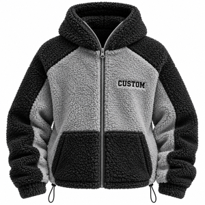 Veste à capuche zippée unisexe en polaire Sherpa 300g, style Color Block, coupe oversize, hiver décontracté, noir et gris, avec poches, anti-boulochage - Product Image 4