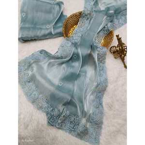 DERNIÈRE BRODERIE DE CODAGE EN SOIE JARKAN DIAMANT TRAVAIL SAREE AVEC CHEMISIER NON COUDU CIEL - Product Image 1