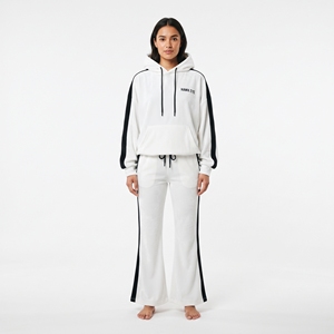 <b>Women's</b> <b>White</b> Hooded Tracksuit Set With Black Side Stripes Loose Fit Full Length Sweatshirt And <b>Jogger</b> Pants Solid Color Casual - Product Image 1