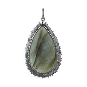 Collier chaîne en diamant baguette naturel, pendentif en pierre précieuse labradorite en forme de poire, bijoux fins, vente en gros, argent 925 oxydé - Product Image 4