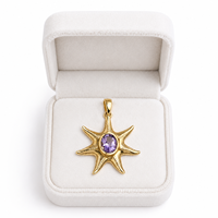 Pendentif Étoile de Mer en Améthyste Naturelle, Laiton Doré, Style Bohème Chrétien, Inspiré de l'Océan, Fait Main, Pierre Précieuse de Créateur, Cadeau Unique pour