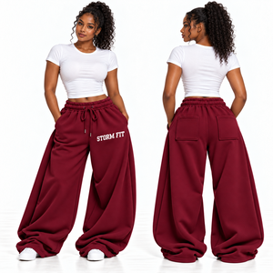 Women's Champagne Wide Leg Customized Fleece Cargo Pants Mid <b>Waist</b> <b>Elastic</b> Drawstring Regular Fit Full Length Streetwear <b>Trouser</b> - Product Image 4