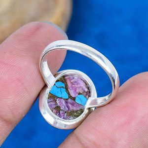 Handmade Natural Spiny Purple Oyster Copper Turquoise Cushion Shape Ring 18k Gold Microne Over 925 Sterling Silver - Product Image 4