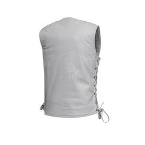<b>Men's</b> <b>White</b> V-Neck Moto <b>Vest</b> With Side Lacing And Zipper Pocket Breathable Polyester Outerwear Spring Style - Product Image 2