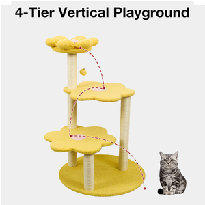 Arbre à chat multi-niveaux en sisal, couleur jaune, mobilier d'intérieur pour animaux de compagnie, design durable et amovible, motif floral en carton - Product Image 2