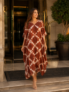 Vestido Maxi Boho con Cuello en V, Holgado, Asimétrico, con Estampado Geométrico Tie-Dye, para Todas las Temporadas, Informal, Tejido de Algodón y Viscosa, Ecológico - Product Image 2