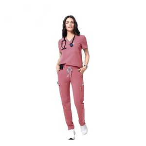Blusa Médica Rosa para Mujer, Cuello en V, Manga Corta, con Bolsillos, Uniforme de Hospital, Mezcla de Algodón y Poliéster - Product Image 6