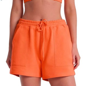 Custom <b>Women's</b> High Waist <b>Orange</b> Knitted <b>Shorts</b> With Pockets Drawstring Closure Casual Regular Fit Breathable Fleece Material - Product Image 1