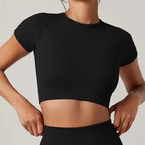 T-shirt de yoga sans couture à manches courtes pour femme, respirant, haut de sport pour la gym - Product Image 1